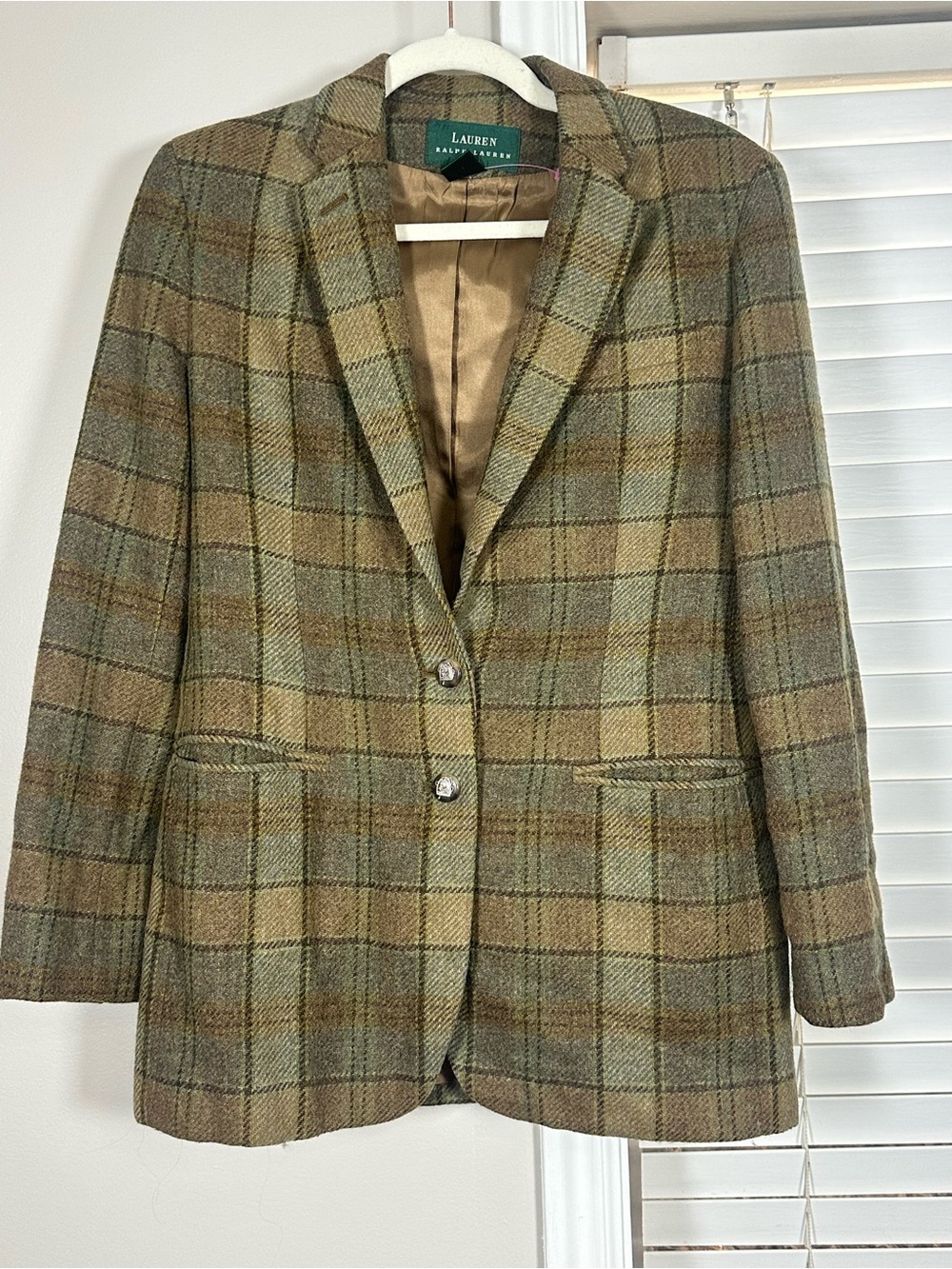 Lauren Ralph Lauren Olive and Tan Plaid Wool Blazer